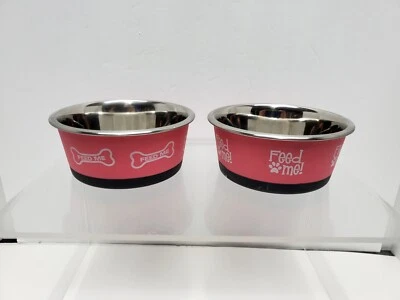 PET PAW 2--Pet Zone Original No-Slip SMALL Pet Bowls, Stainless Steel, 5"diameter, PINK