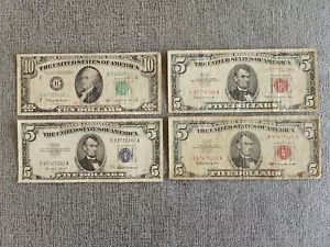 1 - 1950 Series D $10 Bill, 1 - 1953 Series A $5 Silver Cert, 2 - 1963 $5 Red Ce - Picture 1 of 2