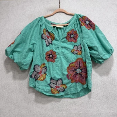 Camisa Maeve Anthropologie Mujer Mediana Verde azulado Floral Bordada Boho Campesina Foto 1 de 4
