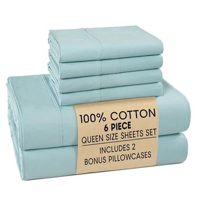  100% Cotton Sheets Size Set - 6 Pieces (1 Flat, 1 Fitted, 4 Queen 09: Blue Sky - Image 1 of 4