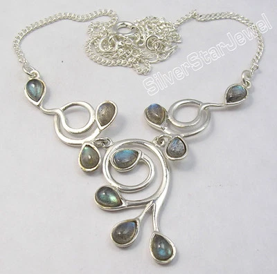 Tasa de descuento 925 Plata BLUE FUEGO LABRADORITA Joyería BESTSELLER Collar 16.8" Foto 1 de 2