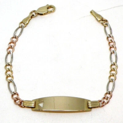 14k Tri-Color Gold Figaro Link ID Bracelet with Cut Out Heart - Image 1 of 4