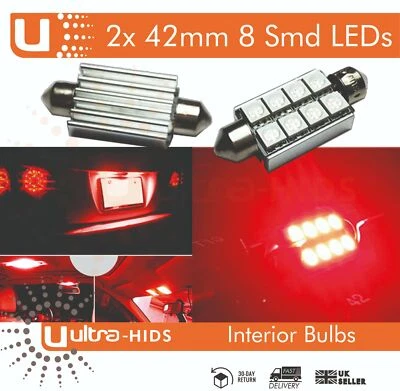 2X Red Festoon 42mm 8 SMD LED BULB INTERIOR CEILING ROOF DOME BOOT UK STOCK - Image 1 of 3