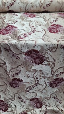 Fabric Sold By The Yard Burgundy Mauve Floral Brocade Beige Background Fabric  - Image 1 of 4