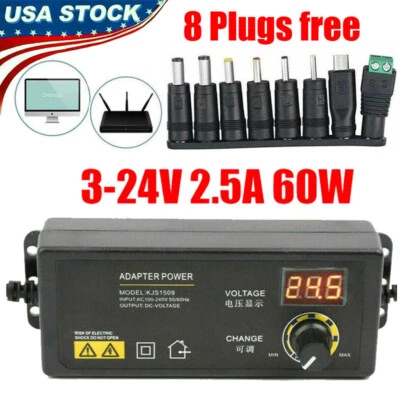 Adaptador Fuente de Alimentación Ajustable 3V-24V 2.5A 60W Controlador Pantalla LCD 9 Enchufes Foto 1 de 4