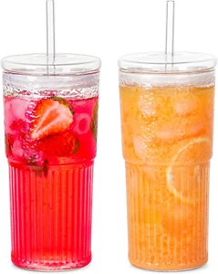 Glass Cups with Lids and Glass Straws,20 OZ High Borosilicate Glass Tumbler Iced - Picture 1 of 12