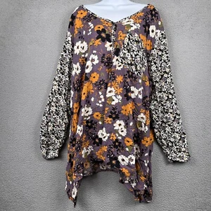 Woman Within Top Womens 3X Purple Floral Button Up V Neck Handkercheif Hem Rayon - Picture 1 of 13