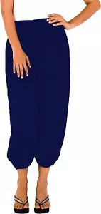 SHU-SHI Womens Boho Harem Capris Pants Trousers Elastic Waist Medium, Navy - Picture 1 of 8