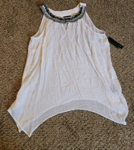 💥 AB Studio White Sleeveless Embellished Neckline Shirt Sz Large Flowy Boho Nwt - Picture 1 of 13