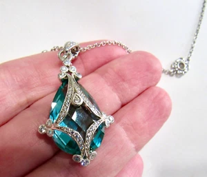 Erica Courtney STERLING 925 DIAMONIQUE Aqua Pendant/Enhancer-20" Flower Chain - Picture 1 of 10
