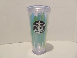 STARBUCKS 2016 Green Paint Stripe Cold Cup Tumbler 20 oz Insulated Double Wall - Picture 1 of 6