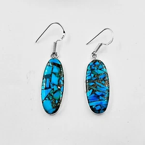 Oyster Copper Turquoise Gemstone 925 Sterling Silver Earring Handmade 1" - Picture 1 of 4