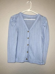 Loft Blue Cable Puff Sleeve V-Neck Cardigan Sweater Top Women Size XXS - Picture 1 of 8
