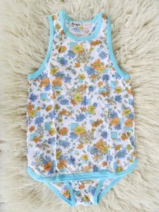Original Vintage 70s unused 10 years cotton playsuit PJs blue floral summer - Picture 1 of 5