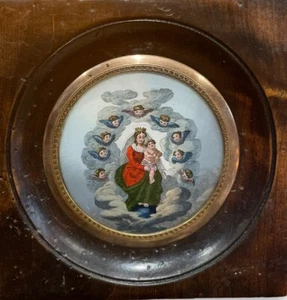 Antique French Miniature Virgin Cherubs Under Glass Blackened Wood Frame 19th C - Picture 1 of 6