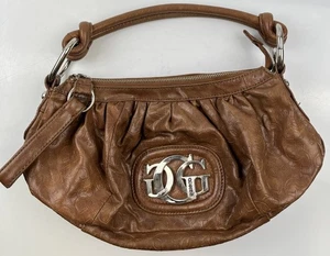 Guess Y2K Vtg Womens Crescent Moon Shaped Shoulder Bag Monogram Tan *Flaws - Picture 1 of 11