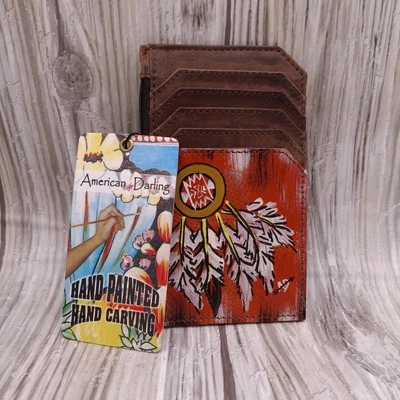 American Darling Hand Painted Leather Wallet Feather Design Card Holder Western - Image 1 of 4