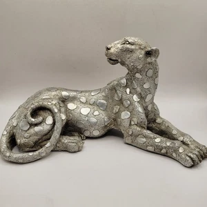Estatua de gato grande leopardo manchado plateado figura de resina de 12 pulgadas - Imagen 1 de 9