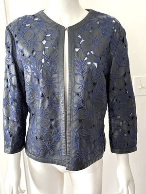 Nuevo Cuero Negro/Forro de Malla/Chaqueta Bordado Azul Detalle Flor M Foto 1 de 4