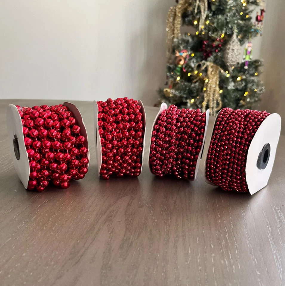 Red Faux Pearl Plastic BEADS on a String Garland ROLL Choose Size - Image 1 of 1