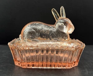 Jeanette Glass Bunny Rabbit on a Nest Covered Dish Easter Depression Pink Damage - Picture 1 of 11
