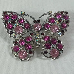 Elegant Pink Butterfly Brooch Pin Multi-colored Rhinestones Approximately 2” Vtg - Picture 1 of 11