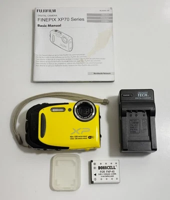 Fujifilm FinePix XP70 16.4MP Yellow Compact Waterproof Camera Charger & SD Card - Image 1 of 4