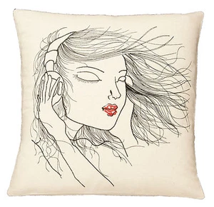 Diva Cushion Cover 43cm (17 inch) Beige with Embroidered Black detail & Red Lips - Picture 1 of 1