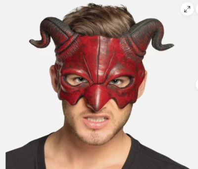 Halloween Red Demon Adult Devil Deluxe Fancy Dress Gothic Eye Mask & Horns - Image 1 of 2