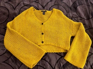 Womens Sweater Size S Yellow Knit Lace Up Back Modern Crop Pullover - Picture 1 of 2