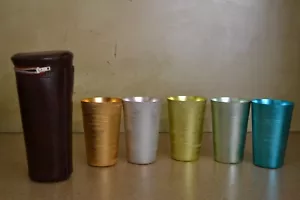 Vintage Anodised Travel Cups x 5& Case Harlequin Colours HONG KONG Aluminium - Picture 1 of 4