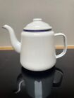 Vintage Enamel Teapot White With Blue Trim French Farmhouse Country Style