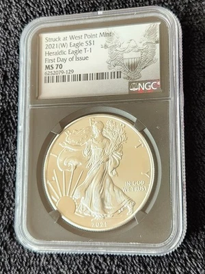 2021 (W) SILVER HERALDIC EAGLE NGC MS70 FIRST DAY OF ISSU, WEST POINT MINT, T-1  - Image 1 of 2