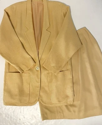 Vintage 80s Blazer Skirt Suit Set Linen Rayon Womens 8 / 12 Yellow Gold Made USA - Image 1 of 4