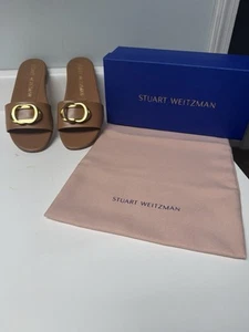 NEW STUART WEITZMAN Tan Slide Sandal Leather size 7.5, Box & Storage Bag - Picture 1 of 10