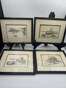 Set of 4 Framed Jo Ko Pencil Drawings – Outer Banks OBX Beach Nautical Vintage - Picture 1 of 24