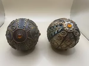 Decorative Intricate Copper color Metal Balls-Spheres set of 2 Beaded Home Decor - Picture 1 of 7