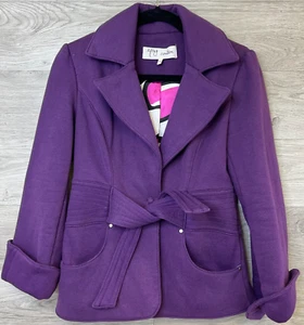 Yag Couture Damen kleiner lila Baumwollmischung Erbsenmantel Jacke mit Gürtel gefüttert - Bild 1 von 8