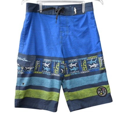 Maui And Sons Swim Trunk Kids 14 Board Shorts Black Shark 4Way Stretch Boys - Image 1 of 4