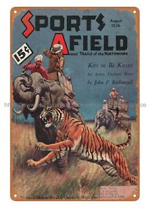 decor shopping 1936 Sports Afield cover art tiger hunting metal tin sign