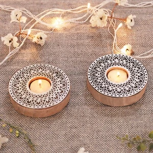 Wood Inlay Work Tea-light Candle Holder Mandala Art Design Printing Wood Block - Picture 1 of 6