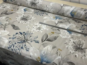 Floral curtain fabric natural 140CM WIDE curtain blind material blue grey - Picture 1 of 7