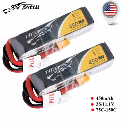 2x Tattu 450mAh 11.1V 75C 3S1P Lipo Battery Pack With XT30 Plug - Long Size - Image 1 of 4