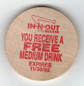 Vintage 1992 In-N-Out Holz Medaille "FREE MEDIUM DRINK" (kein Wert) Ex-NM - Bild 1 von 2