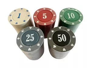 100 x NUMBERED POKER ROULETTE CASINO CHIPS - SUITED DESIGNS IN 5 COLOURS - Picture 1 of 1