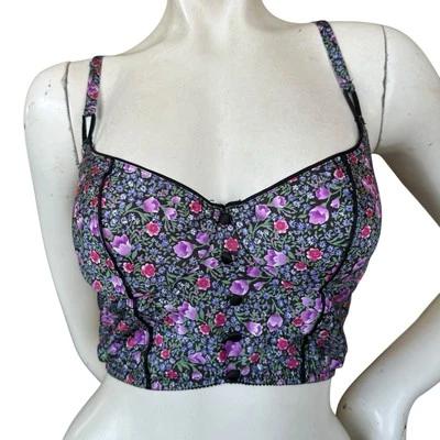 Sujetador Bustier Longline Vintage Años 80 Delicado Negro Estampado Floral Sin Forro Talla 34C. Foto 1 de 4