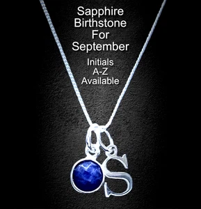 Sterling Silver Birthstone Initial A-Z Pendant Real Sapphire September 18" Curb - Picture 1 of 5