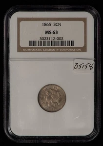 1865 3c Nickel Three Cent Piece - NGC MS 63 - SKU-B5158 - Picture 1 of 4