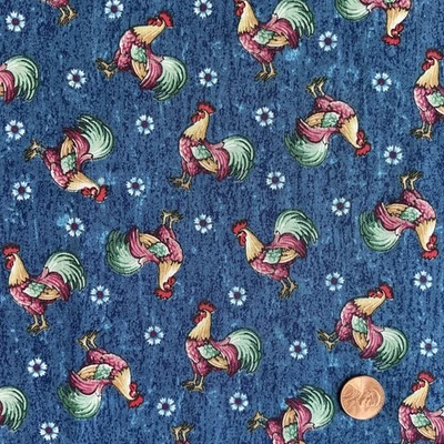 One Yard x 43” Fabric Roosters on Blue Background by The Kesslers Concord Fabric - Image 1 of 4
