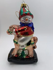Vintage Blown Glass Hand Painted Christmas Ornament Snowman Rocking Horse - Picture 1 of 11